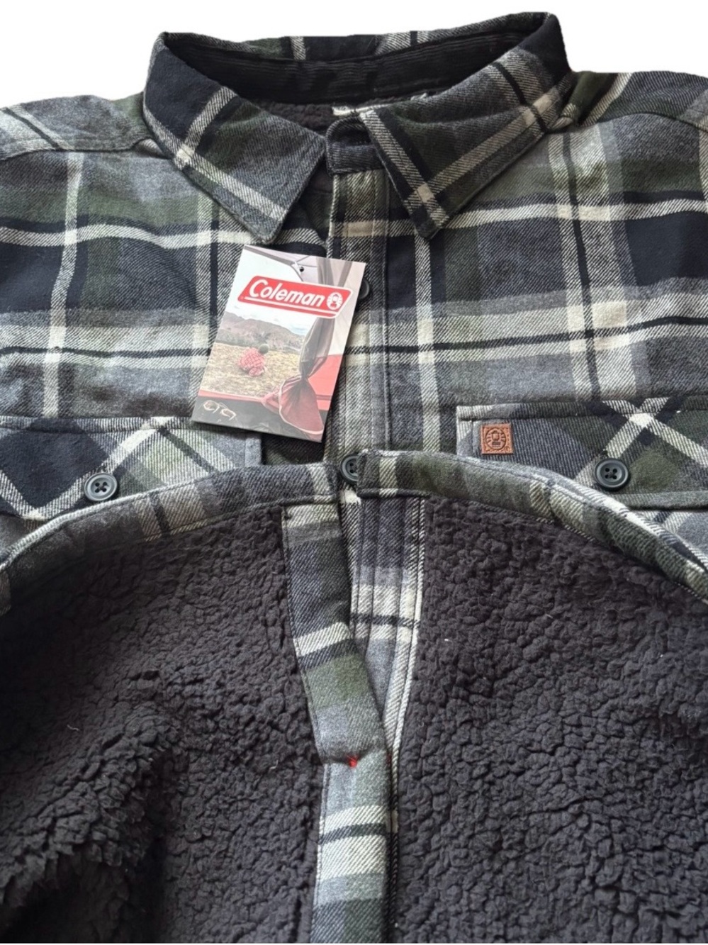 Coleman Sherpa Lined Yukon Flannel Shirt Jacket W/Corduroy Trim Grey/olive Plaid